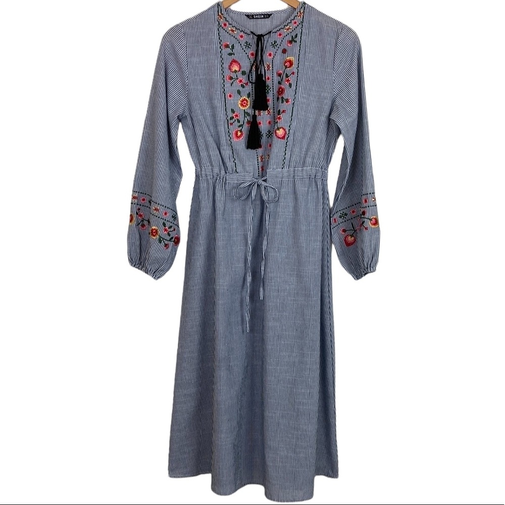 Modest Blue Chambray Embroidered Maxi Dress